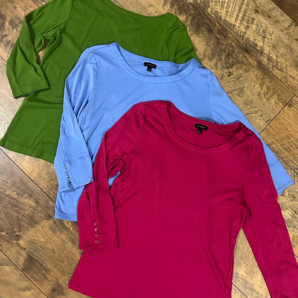 TALBOTS Trio of 3/4 Sleeve Tops - Green, Blue, and Raspberry, Size M